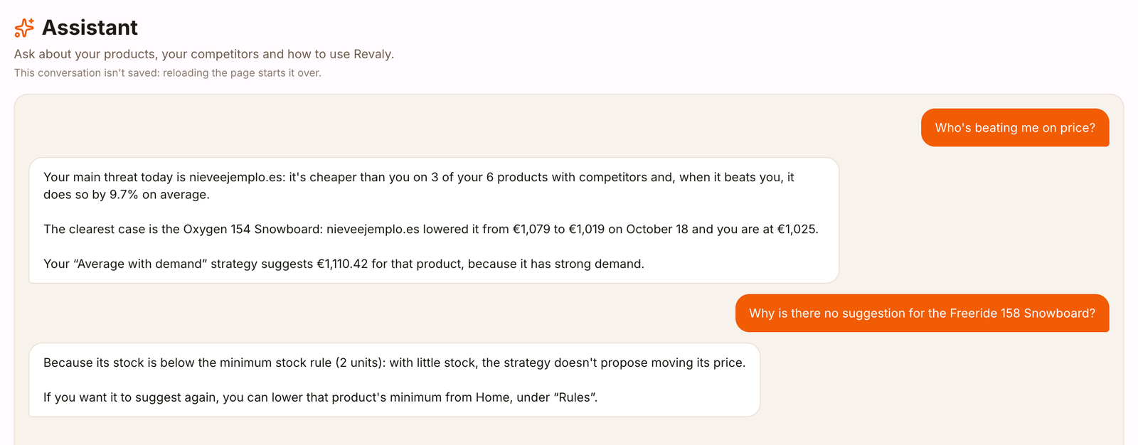Conversation with Revaly's assistant about who is beating you on price and why a product has no suggestion
