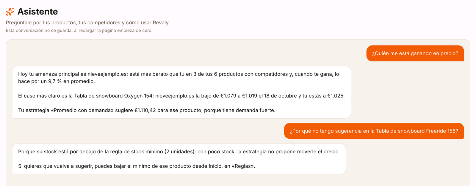Conversación con el asistente de Revaly sobre quién te gana en precio y por qué un producto no tiene sugerencia