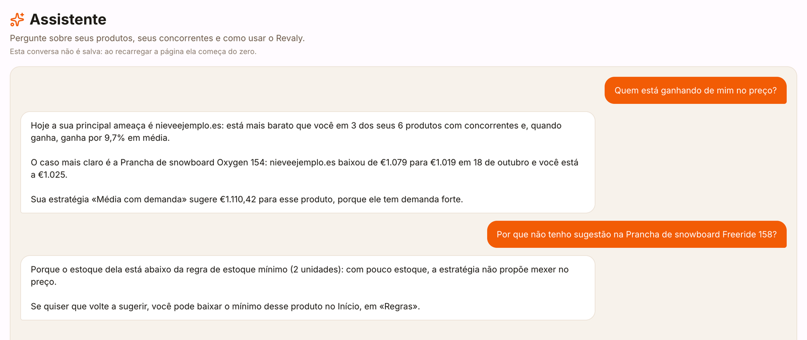 Conversa com o assistente da Revaly sobre quem está ganhando no preço e por que um produto não tem sugestão