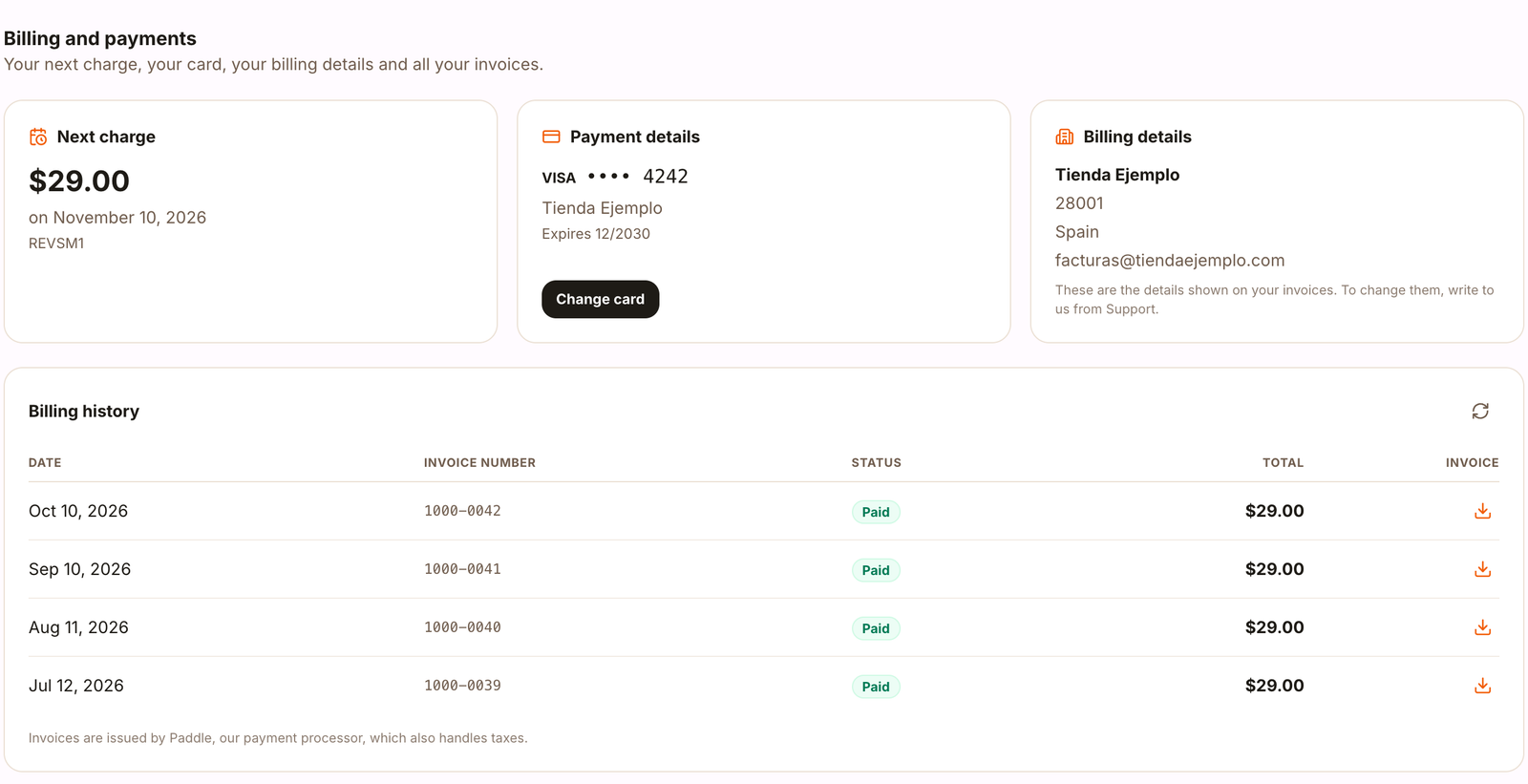 Billing and payments with the next charge, the card, the billing details and the invoice history