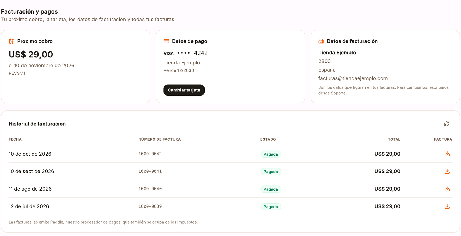 Facturación y pagos con el próximo cobro, la tarjeta, los datos de facturación y el historial de facturas