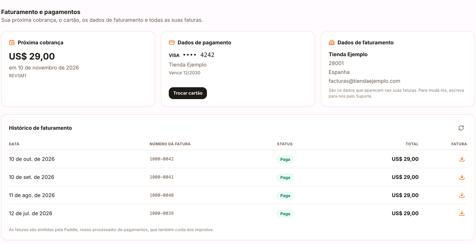 Faturamento e pagamentos com a próxima cobrança, o cartão, os dados de faturamento e o histórico de notas