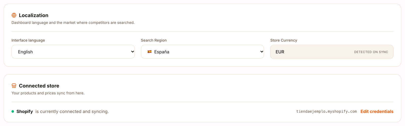 Profile with the dashboard language, the search region, the store currency and the connected store