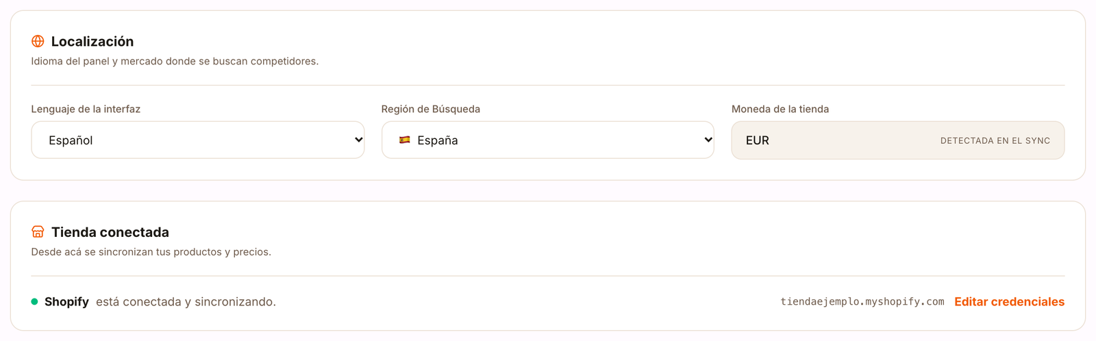 Perfil con el idioma del panel, la región de búsqueda, la moneda de la tienda y la tienda conectada