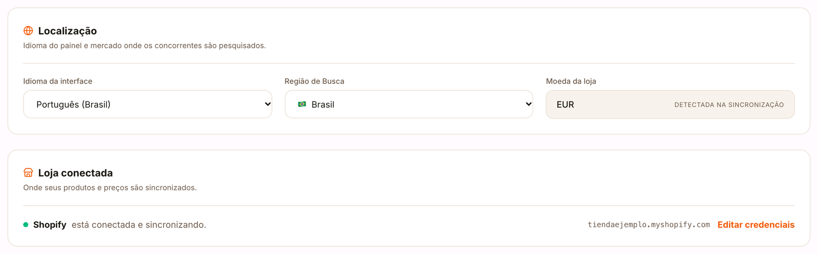 Perfil com o idioma do painel, a região de busca, a moeda da loja e a loja conectada