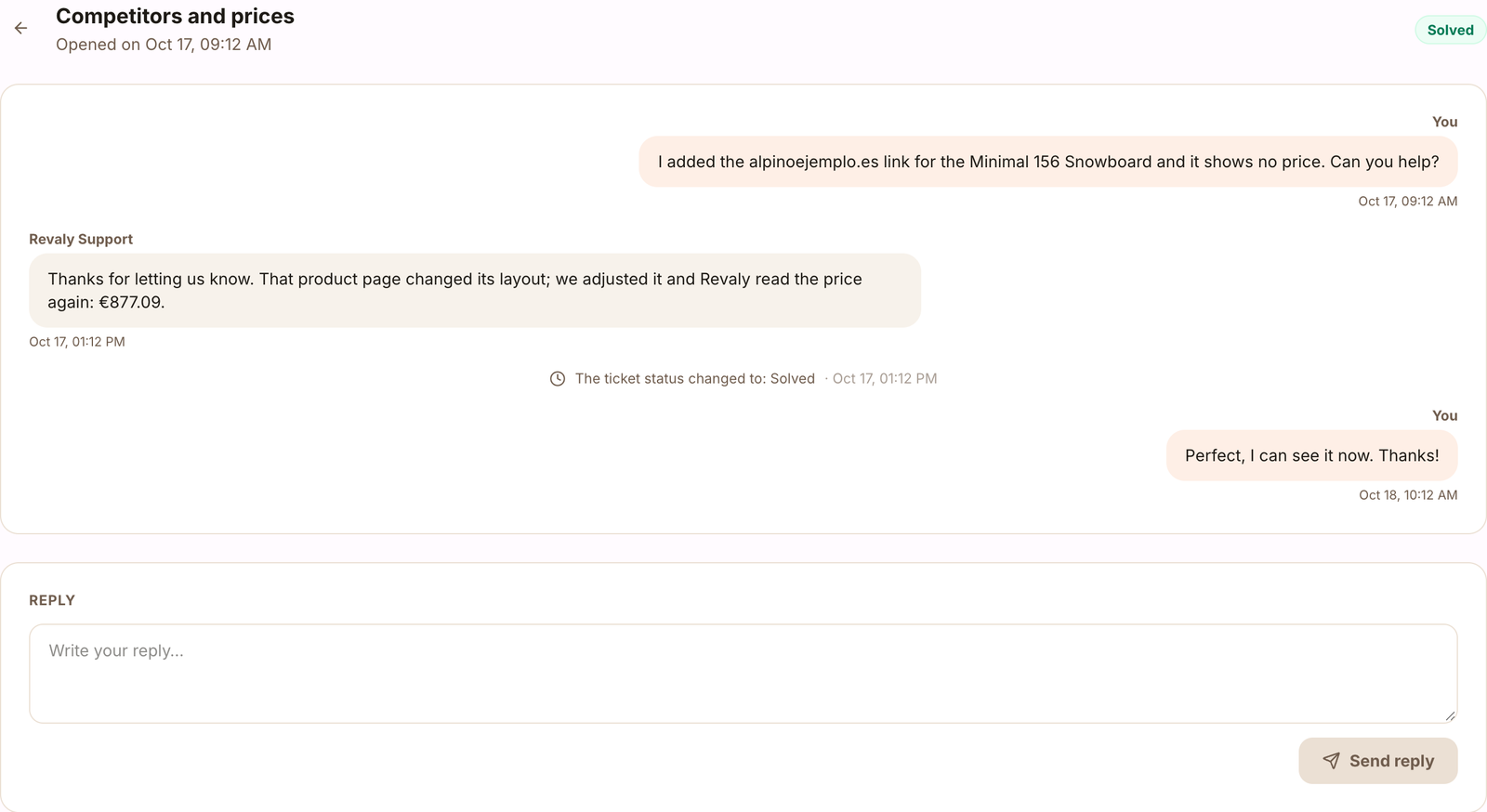 Support ticket with the conversation and its Solved status