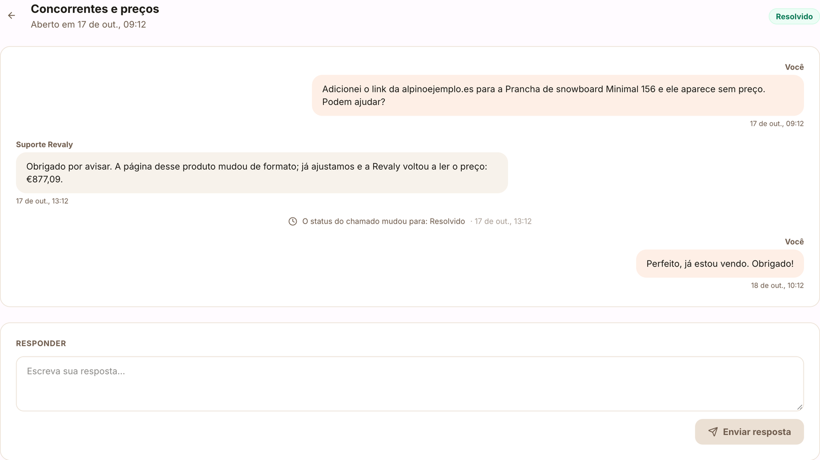 Chamado de suporte com a conversa e o status Resolvido
