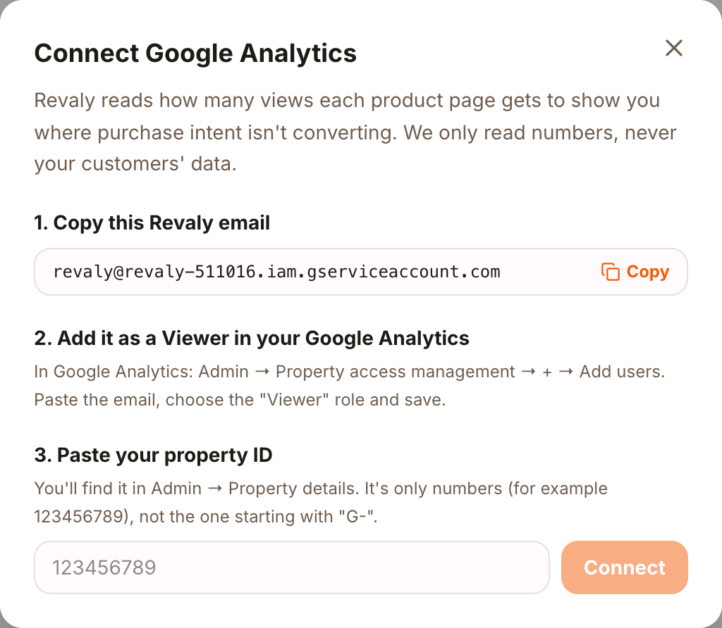 The three steps to connect Google Analytics from the dashboard