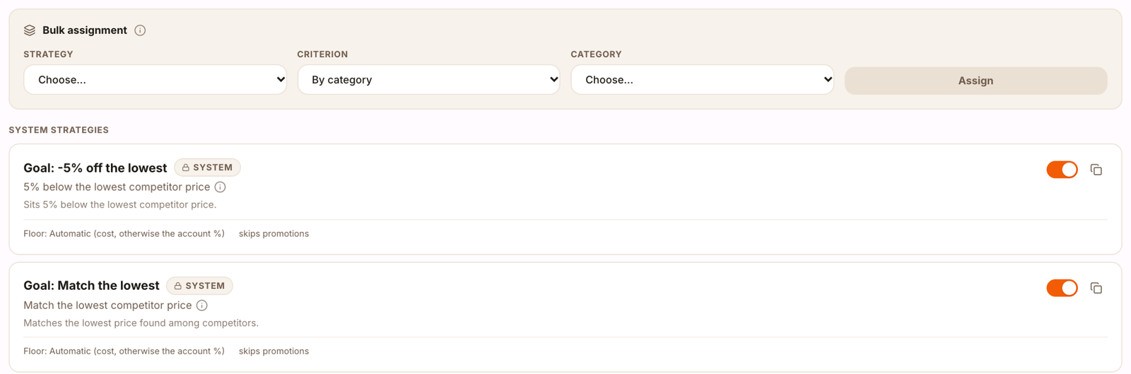 Bulk assignment of a pricing strategy