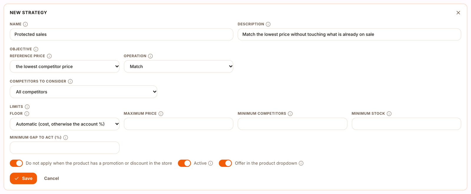 Strategy form with the option not to apply on products on promotion
