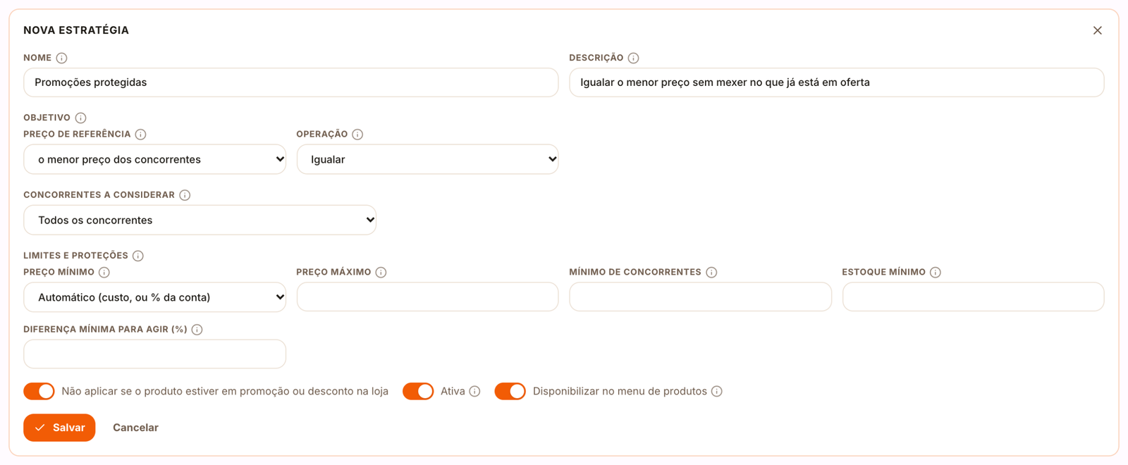 Formulário de estratégia com a opção de não aplicar em produtos em promoção
