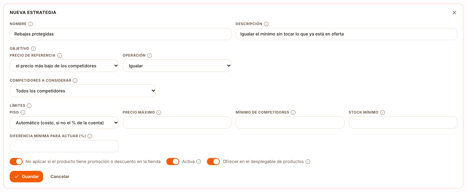 Formulario de estrategia con la opción de no aplicar sobre productos en promoción