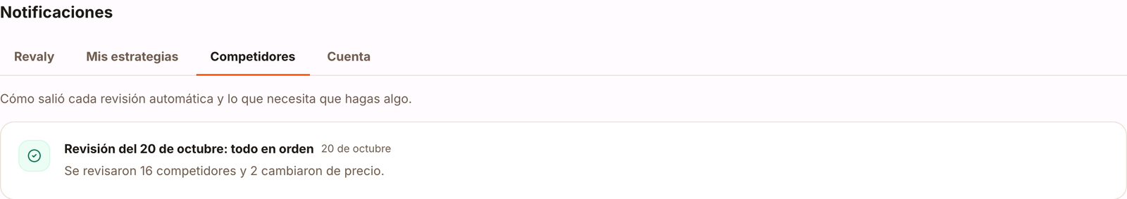 Aviso de la revisión del día en Notificaciones, pestaña Competidores