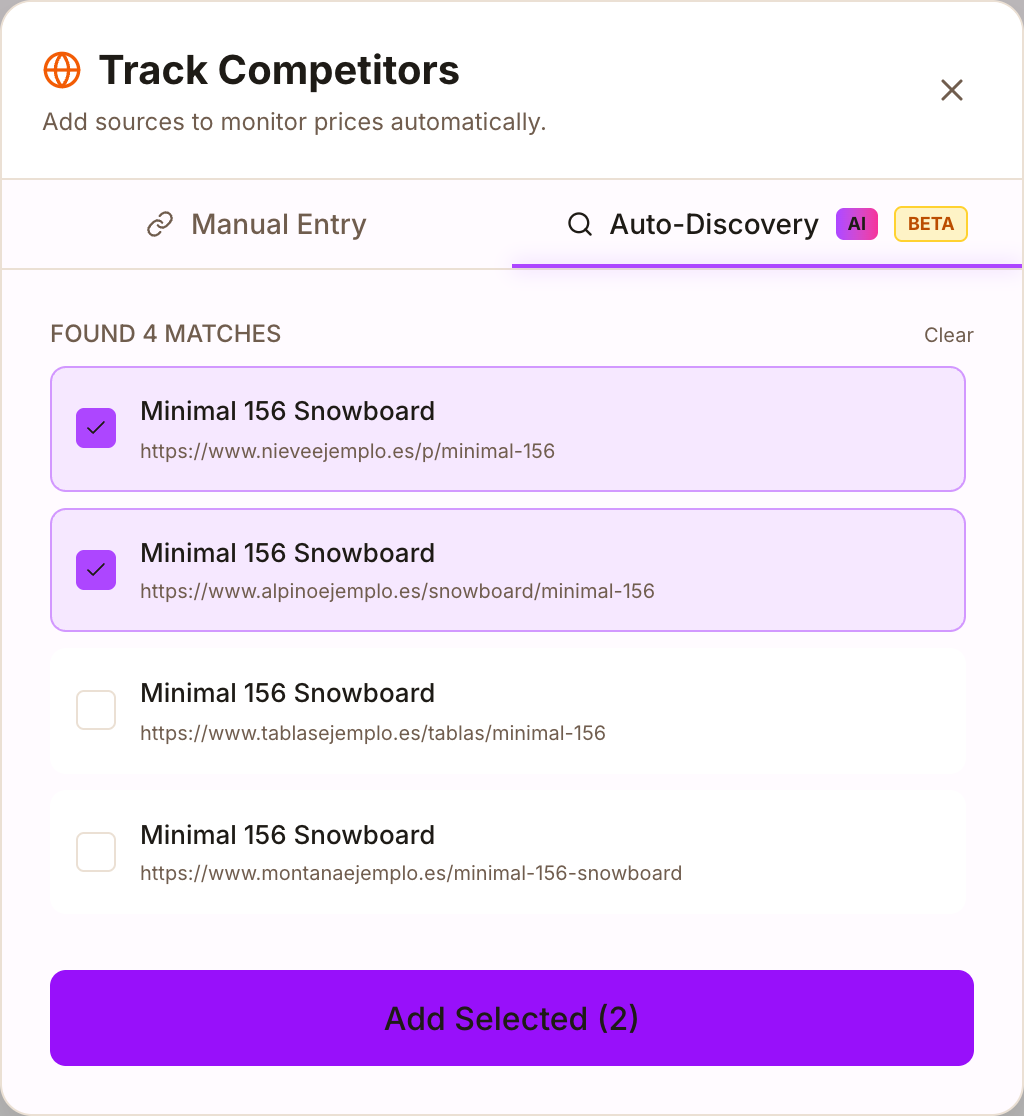Automatic competitor search results, with two stores selected