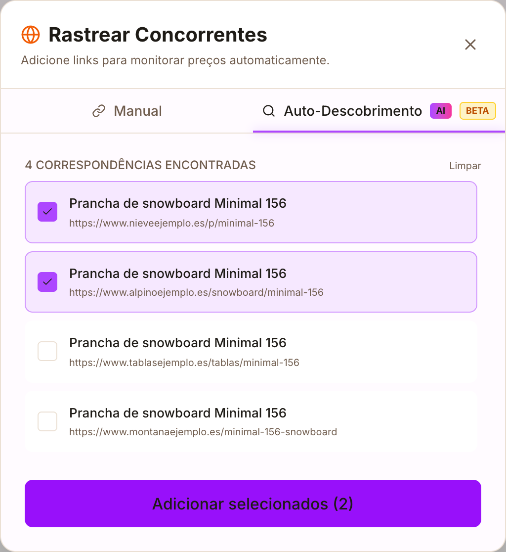 Resultados da busca automática de concorrentes, com duas lojas selecionadas
