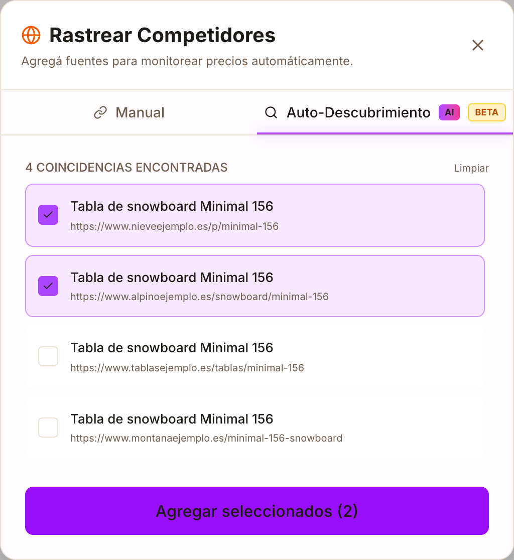 Resultados de la búsqueda automática de competidores, con dos tiendas seleccionadas