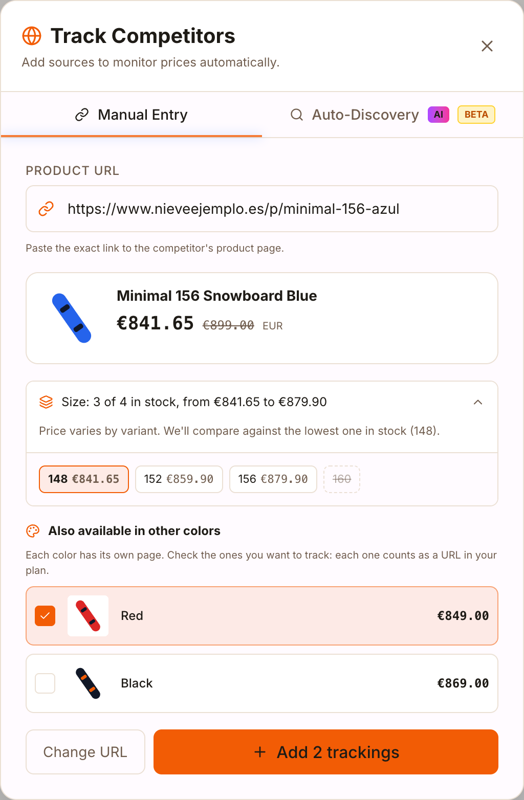 Preview of a competitor with its sizes, prices and other colors to follow