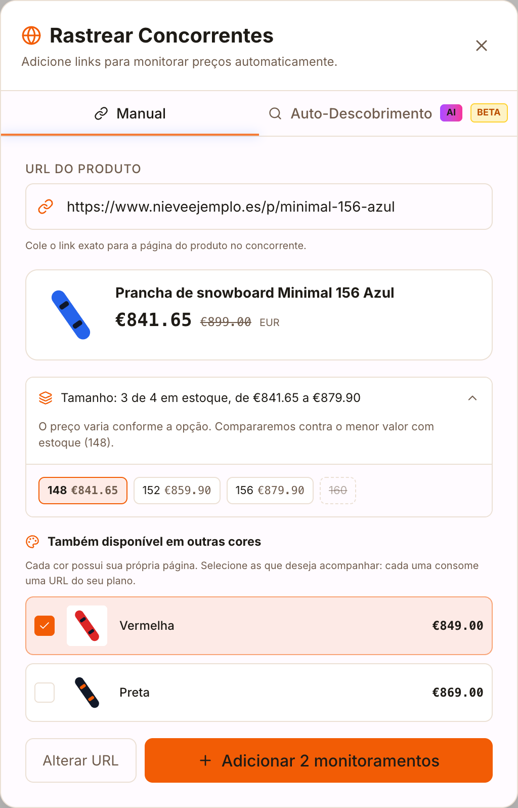 Prévia de um concorrente com tamanhos, preços e outras cores para acompanhar