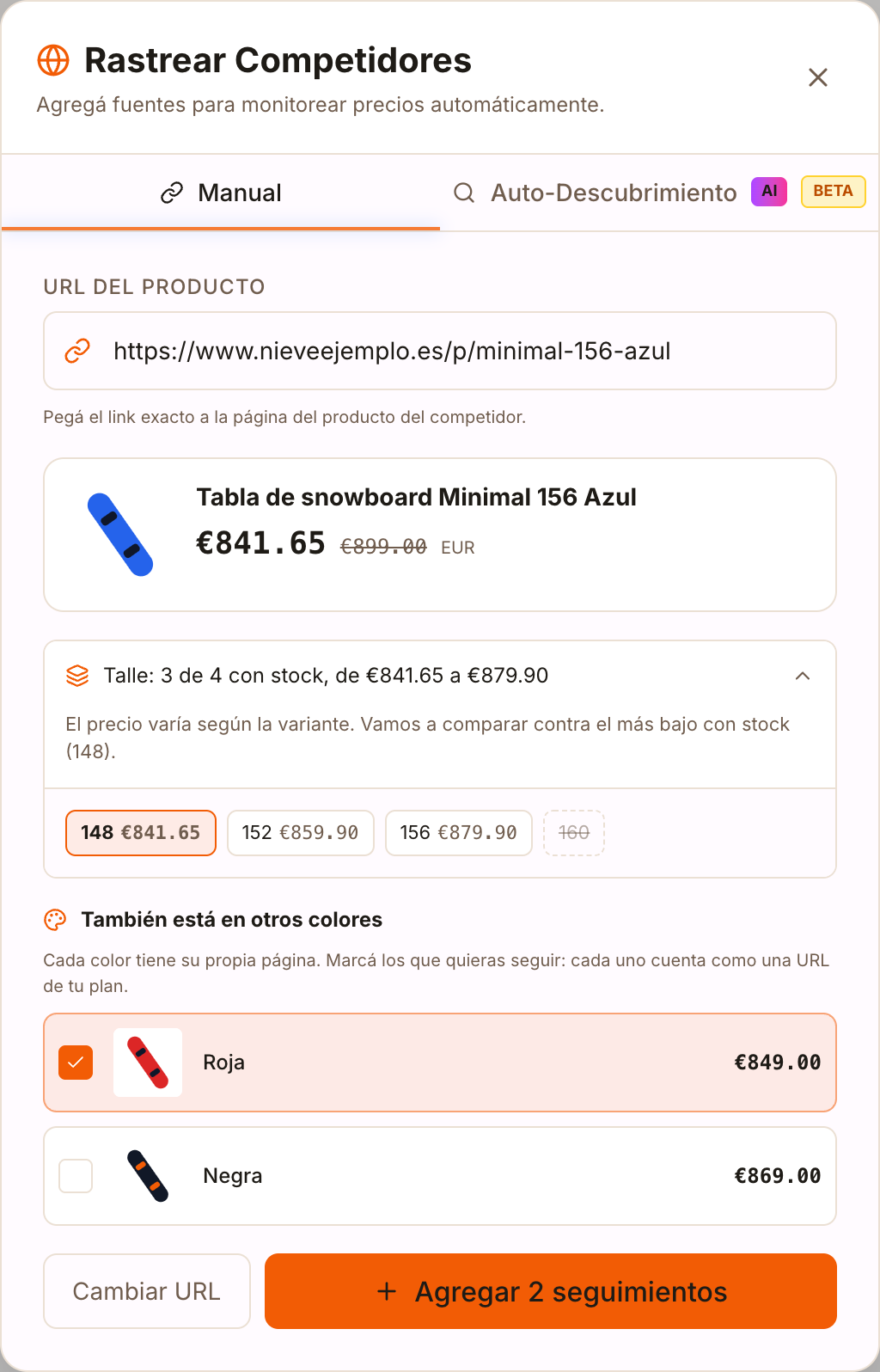 Vista previa de un competidor con sus talles, sus precios y otros colores para seguir