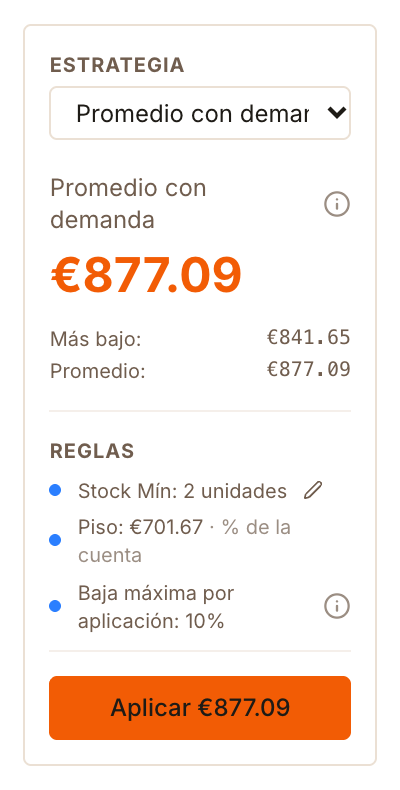 Panel de estrategia de un producto con el precio sugerido, sus reglas y el botón Aplicar
