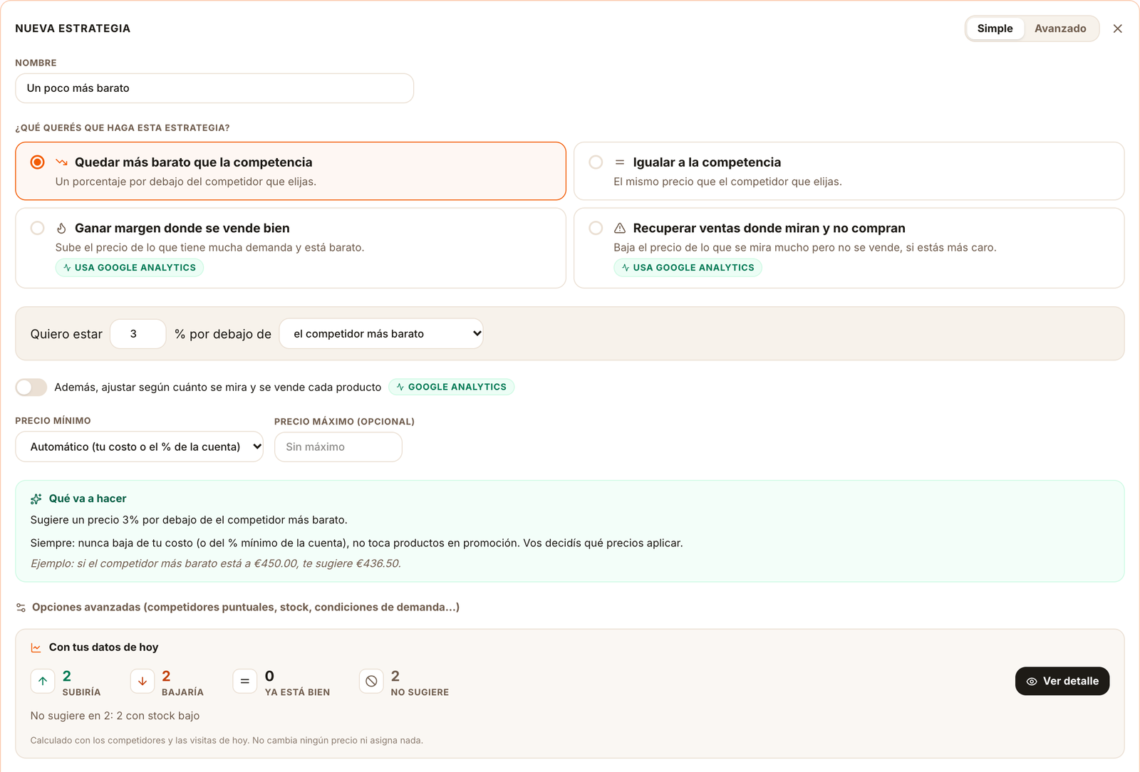 Formulario de nueva estrategia en modo simple, con la explicación de lo que va a hacer