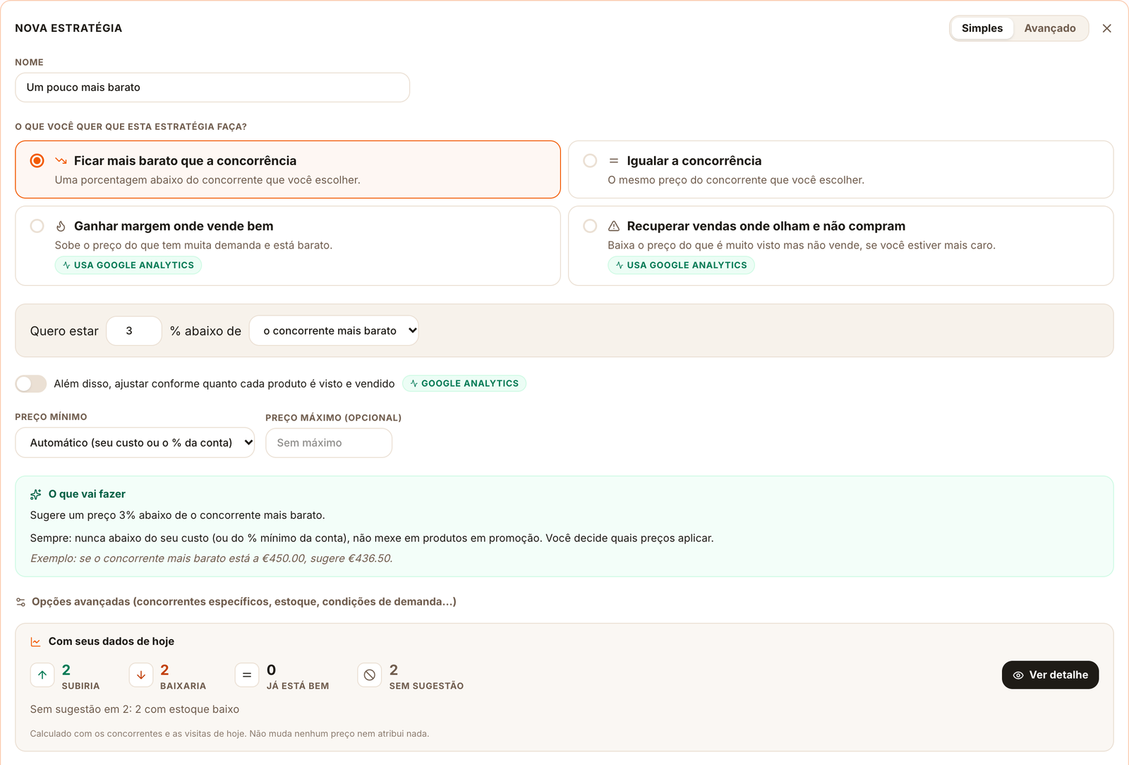Formulário de nova estratégia no modo simples, com a explicação do que ela vai fazer