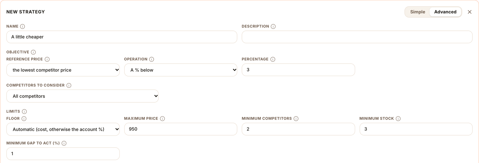 Advanced mode of a strategy with the reference price and the limits