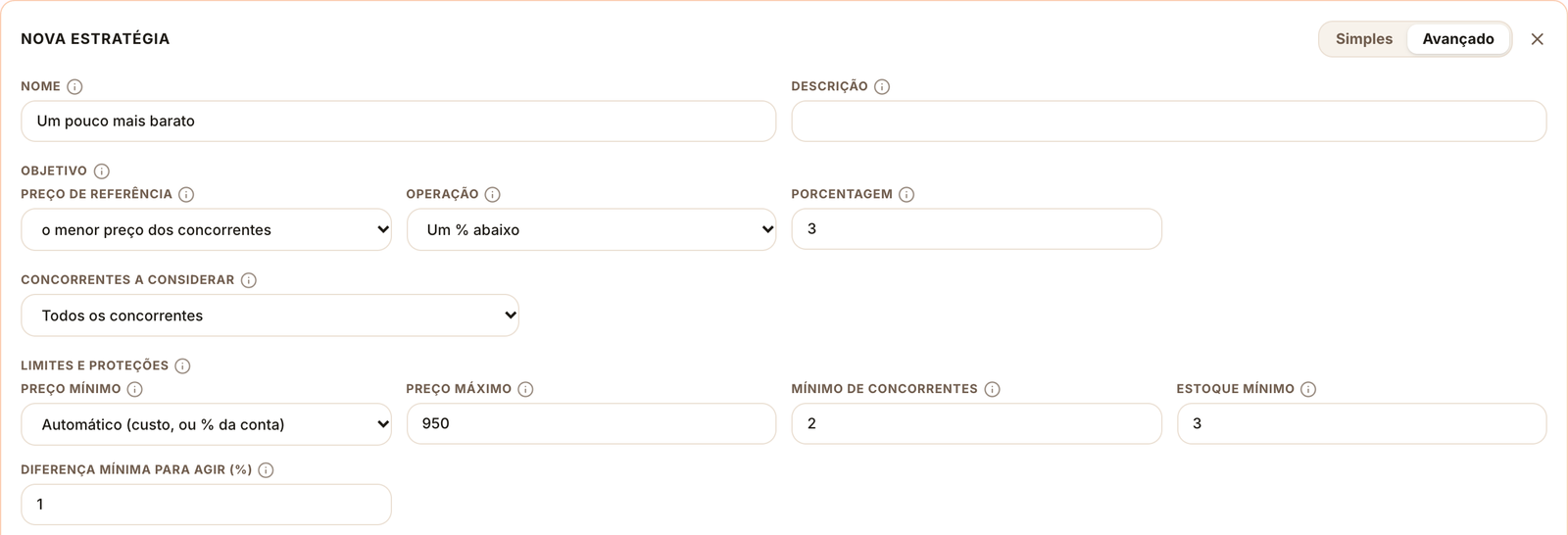 Modo avançado de uma estratégia com o preço de referência e os limites