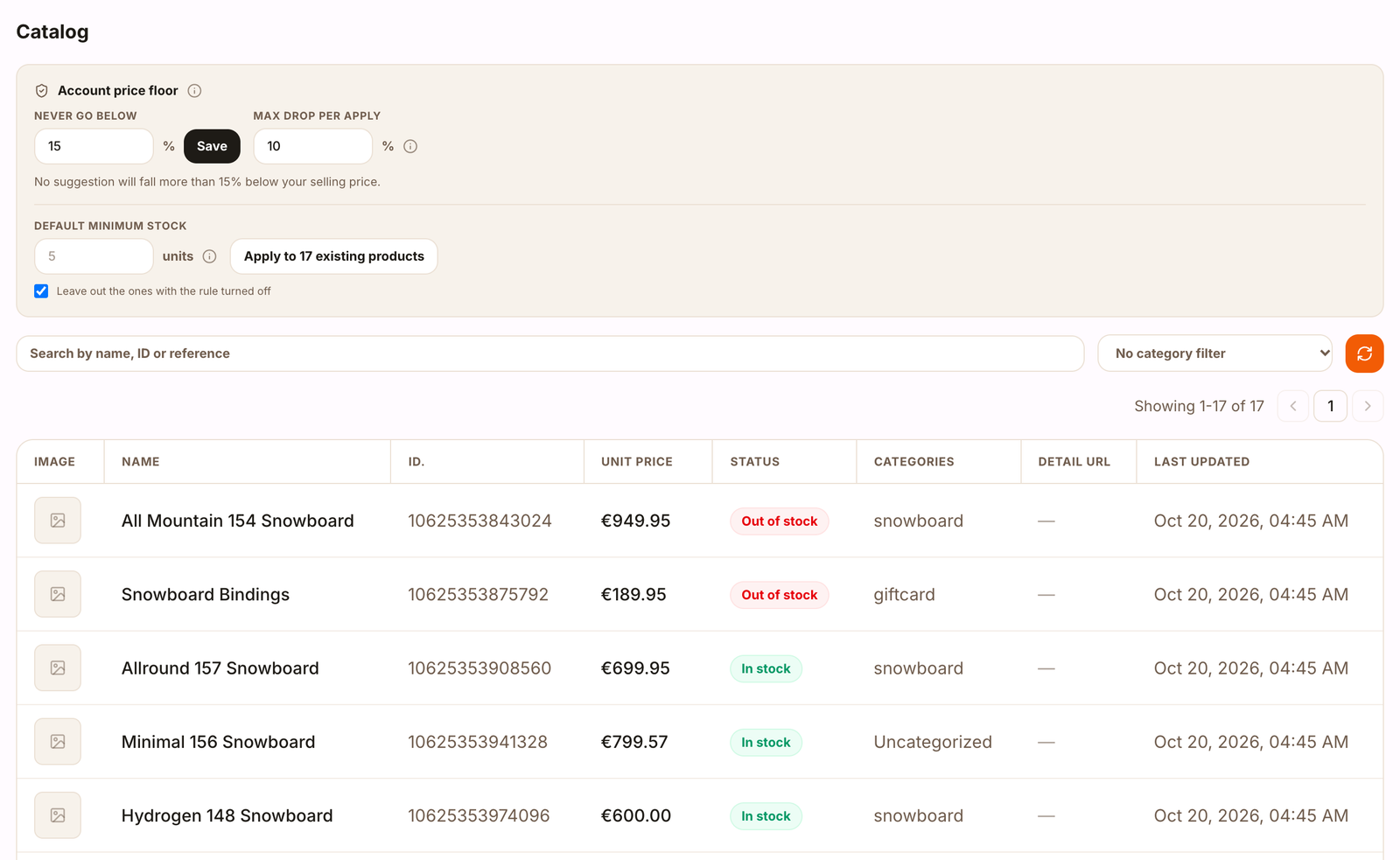 Catalog with the account price floor, the maximum drop, the default minimum stock and the products
