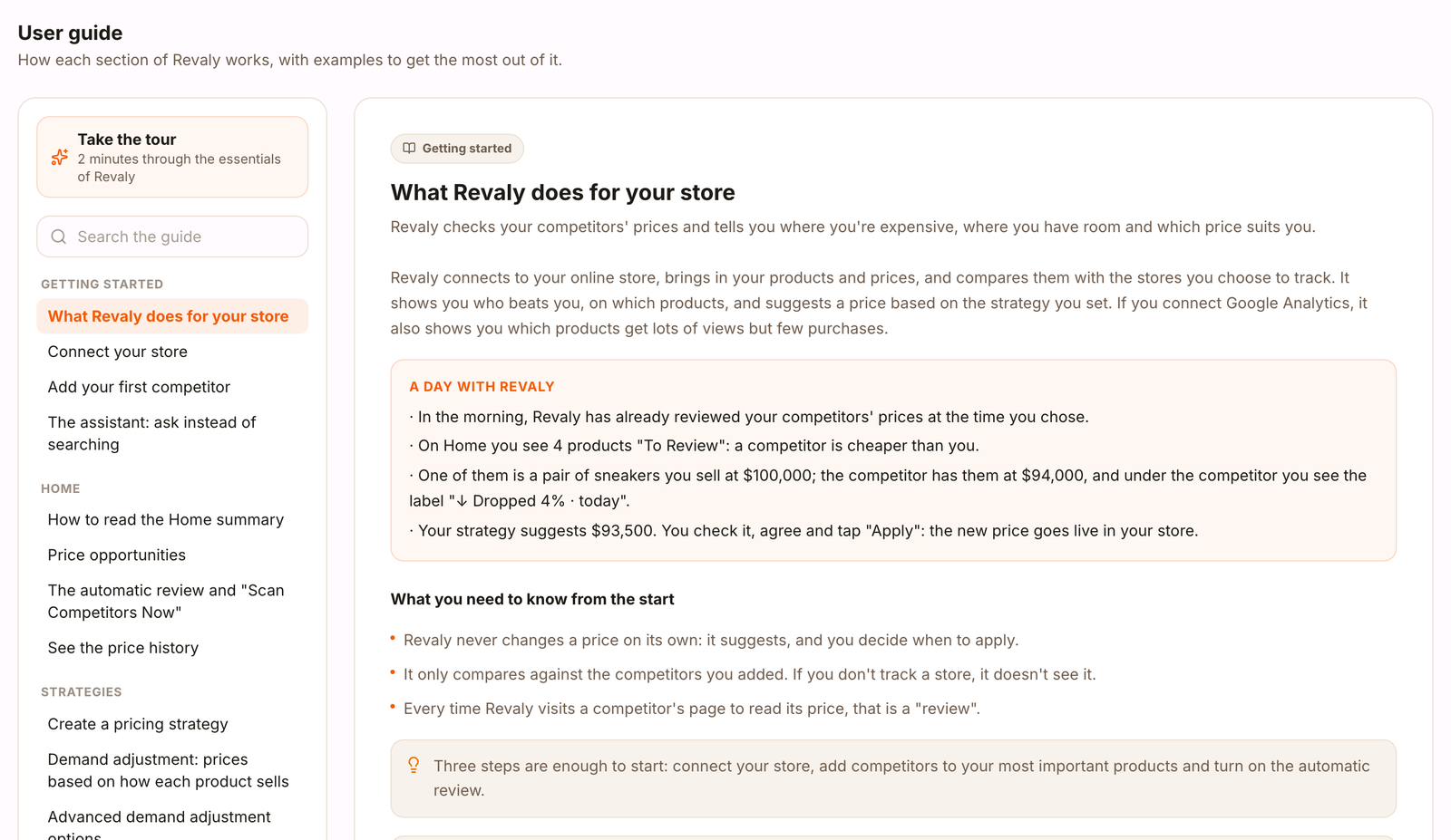 User guide with the section index, the search box and the guided tour